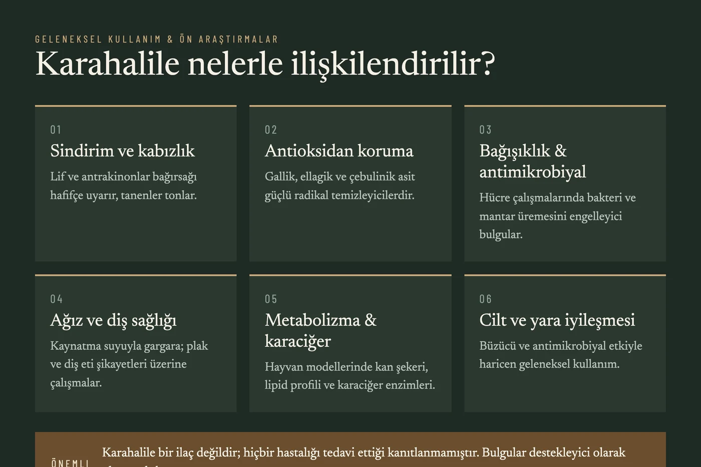 Karahalile nelerle ilişkilendirilir: sindirim ve kabızlık, antioksidan koruma, bağışıklık ve antimikrobiyal, ağız ve diş sağlığı, metabolizma ve karaciğer, cilt ve yara iyileşmesi